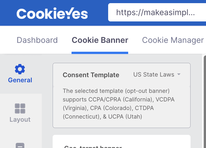 Screenshot: cookie banner consent template for GDPR and US State Laws. 
