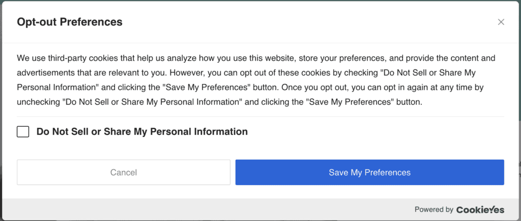 Screenshot: Opt-out preferences for cookie consent banner