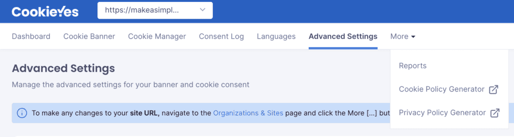 Screenshot: cookie policy generator and privacy policy generator