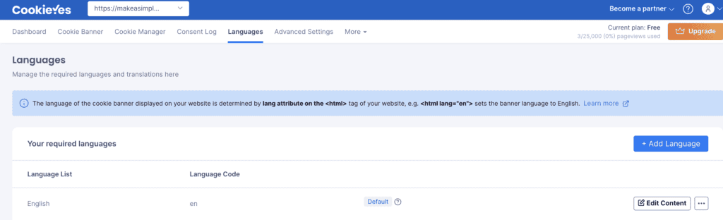 Screenshot: add languages to the cookie consent banner